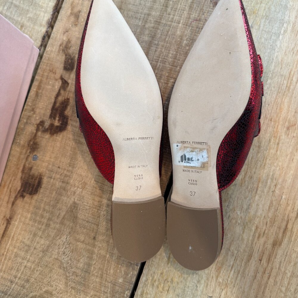Alberta Ferretti-Red Mia Laminated Leather Mules  NEW W BOX Size 37 - Picture 9 of 11